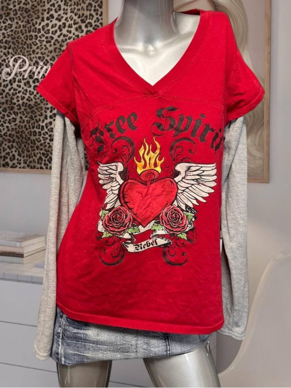 725 Originals Cyber Y2K Tattoo Red & grey layered long sleeve top